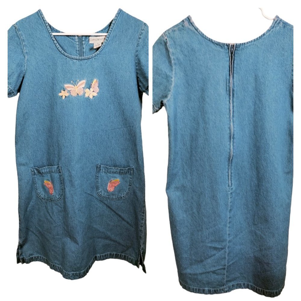 1037) Vintage Compliments Applique Back Zipper Denim Dress Size 8